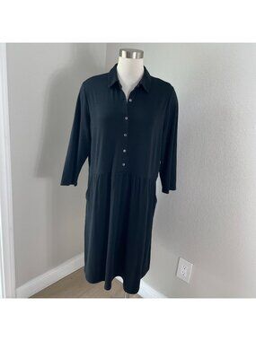J Jill Womens Large Black Button Front Shirt Dress‎ Pockets 3/4 Sleeves Stretch